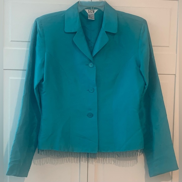 S. L. B. 100% Silk Women’s Jacket With Tiny Beaded Fringe Turquoise Lined Size 4 - Picture 1 of 4